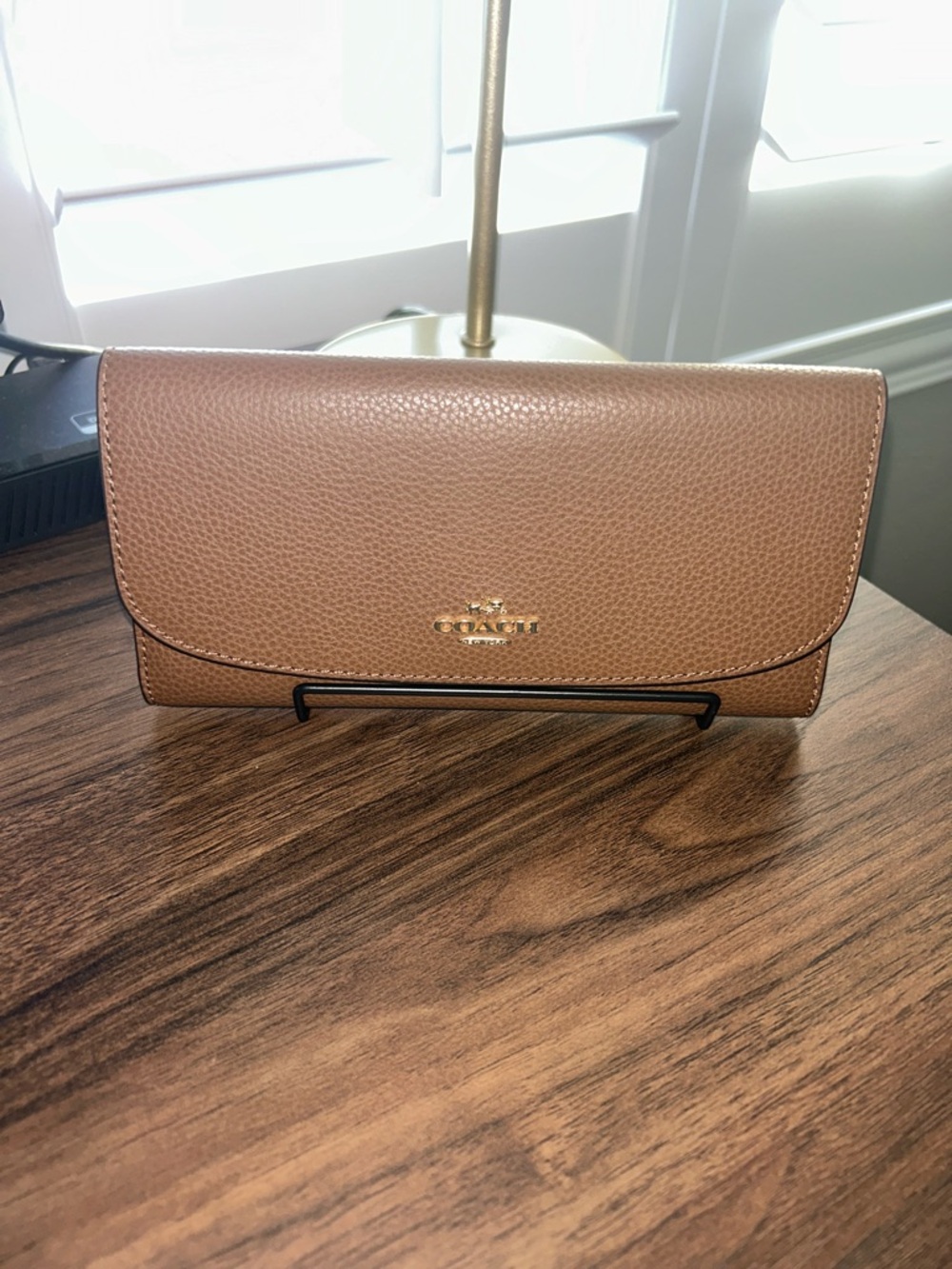 Coach Pebbled Leather Wallet Clutch in Cognac Brown with Gold Logo